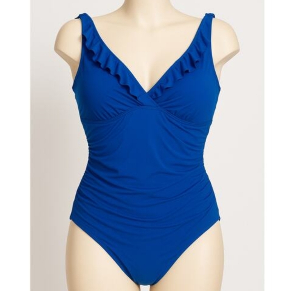 Lauren Ralph Lauren Blue Ruched One-Piece Swimsuit Ruffle Tummy Control Sz 16. - Picture 2 of 10